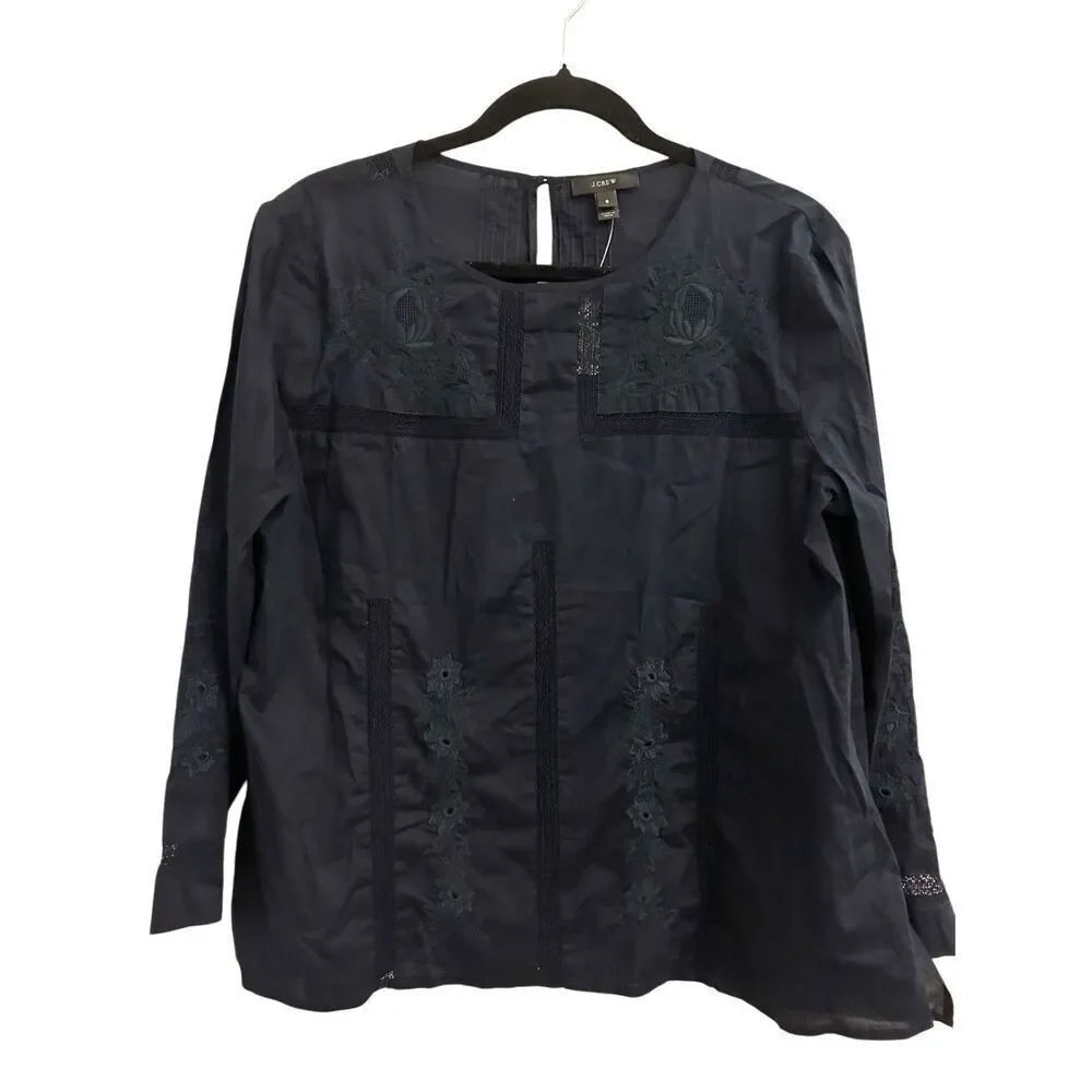 NWT J. Crew Embroidered Blouse Cotton S Navy Peasant Boho Minimalist
